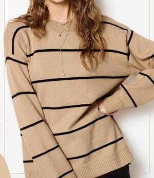 NEW LA MIEL loose fit stripe long sleeve crewneck sweater in cookie dough